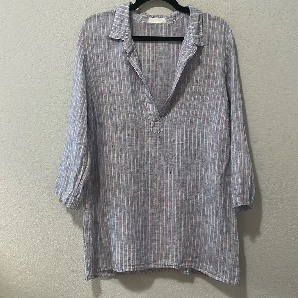CP SHADES 100% Linen Pink/Blue/White Stripe Tunic Top, Size M